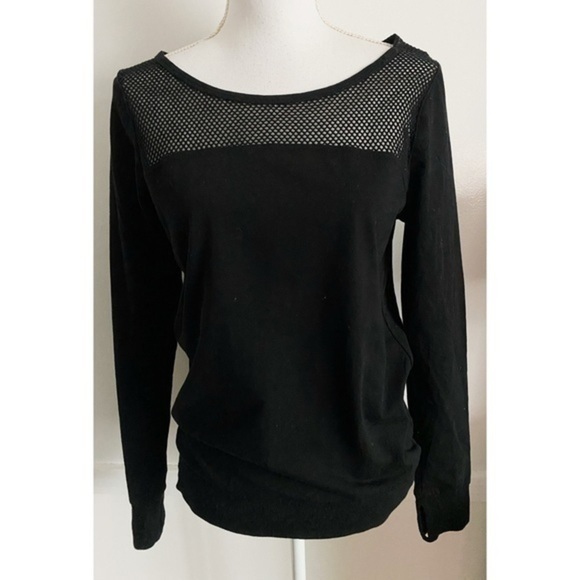Fabletics • Solid Black Long Sleeve Mesh Neck Cutout Back Top - Picture 1 of 5